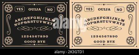 Modello grafico ispirato a Ouija Board. Simboli di pentagramma, testi e alfabeti neri e molto morbidi di colore arancione. Tipografia gotica. Fantasmi e demoni Illustrazione Vettoriale