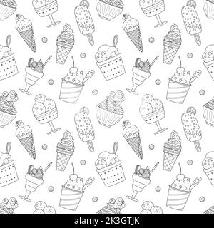 Motivo senza cuciture con diversi contorni di gelato, papsiclo, cono waffle, ciotola con cibo montato. Dessert estivi dolci a base di doodle. Disegnato a mano nero e w Illustrazione Vettoriale