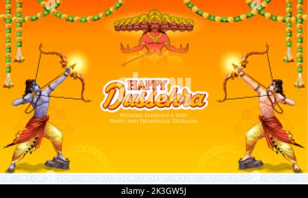 Lord Rama tiene Bow e Arrow nel festival Happy Dussehra Di sfondo India Illustrazione Vettoriale