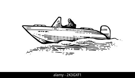 Gite in barca sulle onde. La piccola nave naviga in mare, lago o fiume. Vista laterale. Imbarcazione composita in plastica con motore. Schizzo del contorno disegnato a mano. Isolato su whit Illustrazione Vettoriale