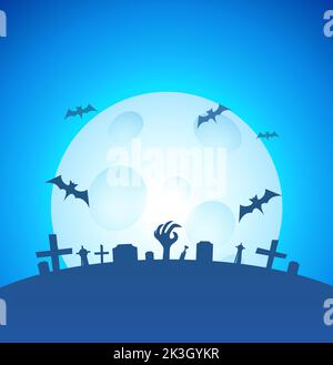 Banner Halloween blu con Luna piena e aree di spazio copia. Biglietto d'auguri o invito Flyer design in stile cartoon con lapidi e pipistrelli, Vector Illustrazione Vettoriale