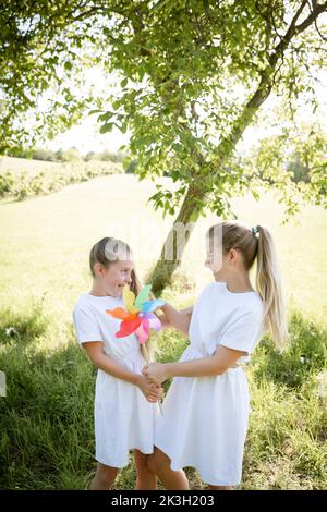 due belle ragazze, sorelle con abiti bianchi che tengono colorati ruote e in piedi in verde prato di fronte a un albero di noce e sono felici Foto Stock