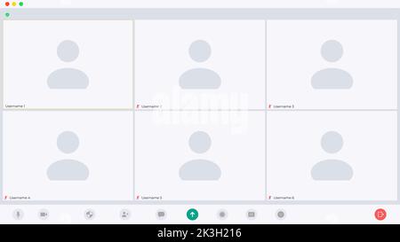 Set di videochiamate in conferenza, videochiamate a un amico, studio online, riunioni aziendali. Illustrazione a colori con vettore piatto. Illustrazione Vettoriale