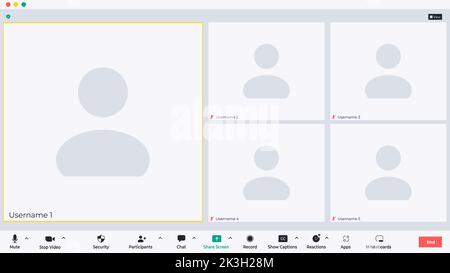 Comunicazione tra uomini d'affari. Riunione Web. Videochiamata in conferenza remota in linea. Illustrazione Vettoriale