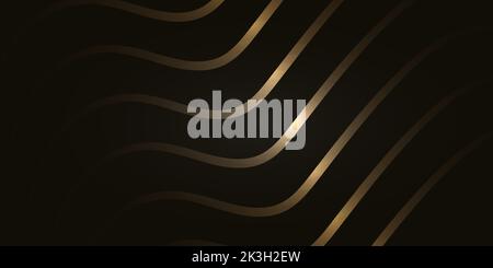 Astratto oro onde su sfondo scuro. Modello moderno ed elegante. Elemento di design con linee mobili dorate e lucide. Sfondo di lusso con scintillanti linee ondulate Illustrazione Vettoriale