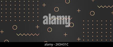 Moderno modello orizzontale astratto per banner con diverse figure geometriche dorate su sfondo grigio scuro con spazio di copia per il testo. Design di alta qualità Illustrazione Vettoriale