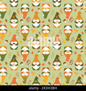 Modello senza cuciture con simpatici gnomi autunnali che tengono funghi, foglie, ramoscelli. Sfondo di nane forestali per carta da parati, carta da parati, tessuti. Cartone animato ve Illustrazione Vettoriale