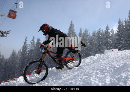 Sofia, Bulgaria - 22 gennaio 2022: Il ciclista percorre una discesa in bicicletta durante una gara estrema di mountain bike sulla neve sul monte Vitosha. Foto Stock