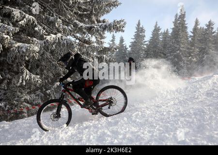 Sofia, Bulgaria - 22 gennaio 2022: Il ciclista percorre una discesa in bicicletta durante una gara estrema di mountain bike sulla neve sul monte Vitosha. Foto Stock
