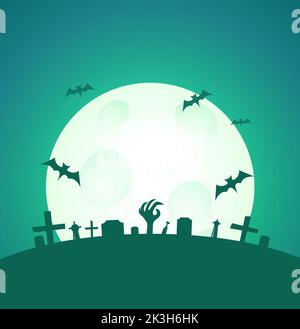 Green Halloween Flyer design con Luna intera e spazio copia. Banner o invito Flyer design in stile cartoon con lapidi e pipistrelli, Vector illu Illustrazione Vettoriale