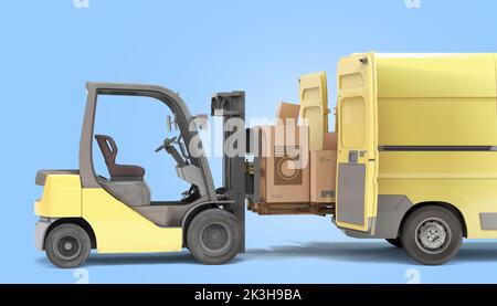 Consegna dal concetto di negozio il caricatore carica le scatole nel corpo di un minibus 3D render su gradiente blu Foto Stock