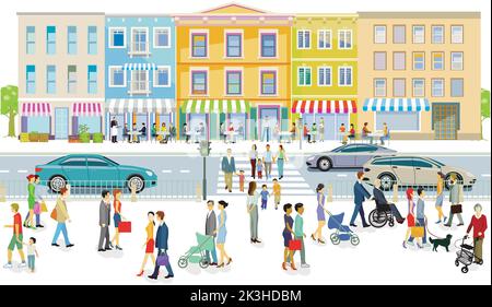Profilo della città con pedoni e traffico nel quartiere residenziale, illustrazione Illustrazione Vettoriale