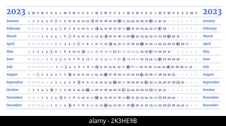 Modello di calendario lineare blu per 2023 con fasi lunari. La settimana inizia la domenica. Calandra da parete in stile minimalista. Pianificazione mensile del ciclo. Orizzontale Illustrazione Vettoriale
