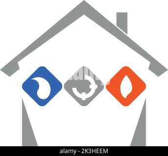 Due case e fuoco, tubi, acqua, riparatore, idraulico, logo Illustrazione Vettoriale