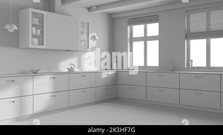 Progetto totale bianco, cucina in legno. Stile minimalista e pulito. Pavimento in parquet e soffitto con travi. Design d'interni in stile giapponese Foto Stock