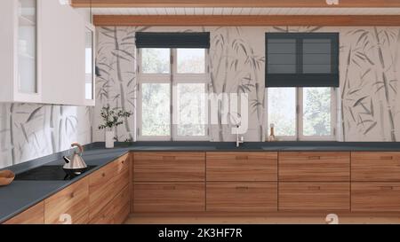 Cucina in legno giapponese nei toni del bianco e del grigio. Pavimento in parquet, soffitto con travi e carta da parati in bambù. Finestre panoramiche. Interni dal design minimalista Foto Stock
