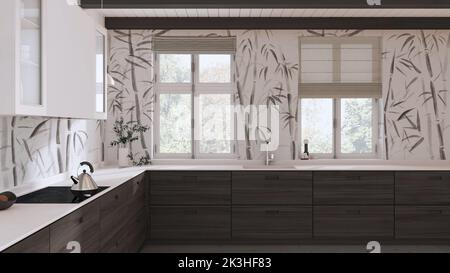 Cucina in legno giapponese in tonalità bianche e scure. Pavimento in parquet, soffitto con travi e carta da parati in bambù. Finestre panoramiche. Interni dal design minimalista Foto Stock