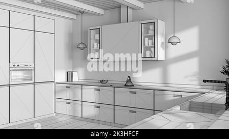 Progetto BluePrint progetto non finito, cucina minimalista in legno con elettrodomestici. Pavimento in parquet e soffitto con travi. Design d'interni in stile giapponese Foto Stock