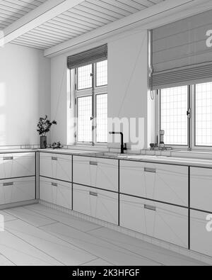 Progetto progetto BluePrint incompiuto, cucina minimalista in legno japandi. Pavimento in parquet e soffitto con travi. Design interno casale Foto Stock