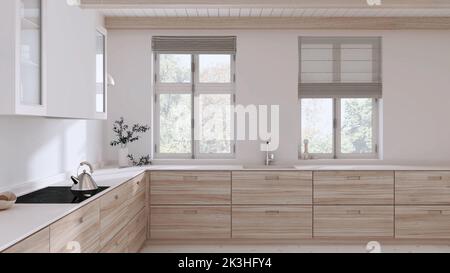 Cucina in legno sbiancato Japandi in tonalità bianche. Pavimento in parquet e soffitto con travi. Finestre panoramiche. Interni dal design minimalista Foto Stock