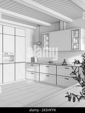 Progetto progetto progetto BluePrint incompiuto, cucina minimalista in legno. Armadietti ed elettrodomestici. Pavimento in parquet e soffitto con travi. Design d'interni in stile giapponese Foto Stock