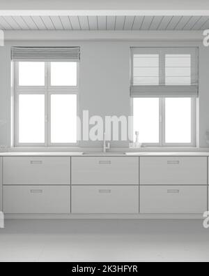 Progetto bianco totale, cucina minimalista in legno. Pavimento in parquet e soffitto con travi. Finestre con tende. Design d'interni in stile giapponese Foto Stock