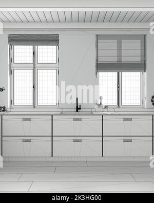 Progetto progetto progetto BluePrint incompiuto, cucina minimalista in legno. Pavimento in parquet e soffitto con travi. Finestre con tende. Design d'interni in stile giapponese Foto Stock