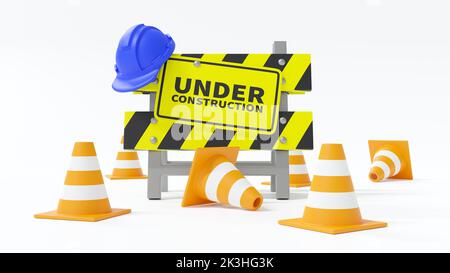 In costruzione . Barriera con cappello di sicurezza e cono stradale . Sfondo bianco isolato . 3D rendering . Foto Stock