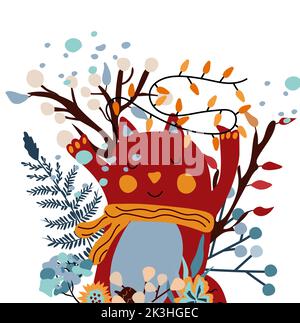 Sfondo con un gatto divertente in una sciarpa che tiene ghirlande, foglie decorative, bacche, fiori invernali. Magico animale invernale. Ideale per biglietti d'auguri, poster, volantini, striscioni. Vettore. Illustrazione Vettoriale