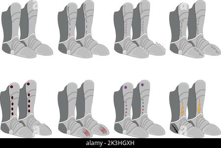Armatura plate gioco asset, vari stili piedi armatura collezione vettore illustrazione Illustrazione Vettoriale