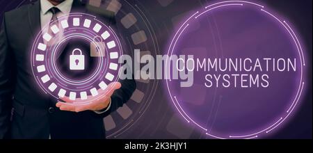 Sistemi di comunicazione di sottotitoli concettuali. Parola scritta su flusso di informazioni uso della macchina per trasmettere segnali Foto Stock