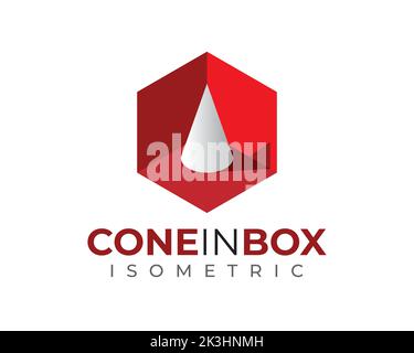 Cono isometrico bianco 3D 3 dimensionale all'interno di una scatola esagonale rossa con luce e ombra Illustrazione Vettoriale