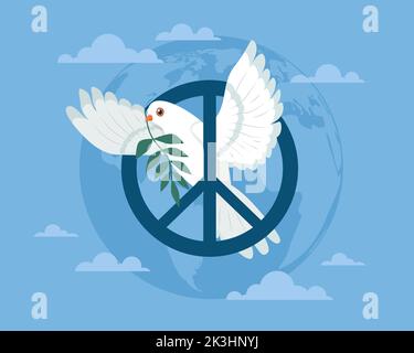 Giorno pace internazionale, simbolo di amore, tranquillità e tranquillità, armonia. Colomba bianca con ramo d'ulivo nel becco, volando in cielo. Modello banner, poster Illustrazione Vettoriale