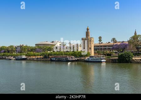 Vista sul fiume Guadalquivir e sulla Torre del Oro, Siviglia, Spagna Foto Stock