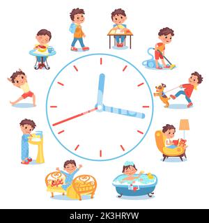 Routine giornaliera per bambini con orologio e illustrazione delle attività  Immagine e Vettoriale - Alamy