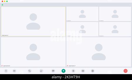 Illustrazione vettoriale del layout di un'applicazione per videoconferenze. Perfetto per elementi di progettazione, dal mock-up di riunioni online, webinar e lezioni virtuali. Illustrazione Vettoriale