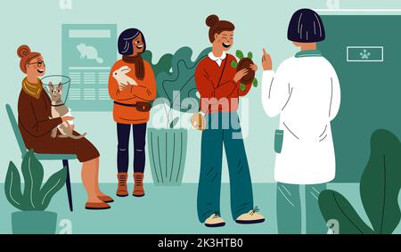 Ricezione Vet. Banco registrazione clinica veterinaria. Proprietari con animali domestici. Coda di attesa. Appuntamento veterinario. Assistenza sanitaria. Persone con animali Illustrazione Vettoriale