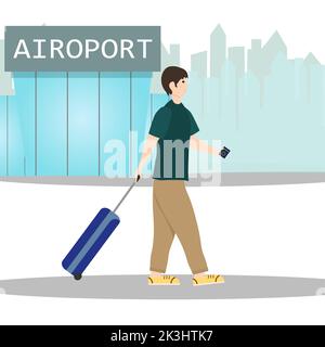 Un uomo con una valigia è in viaggio. Edificio aeroportuale. Illustrazione vettoriale isolata su sfondo bianco. Illustrazione Vettoriale