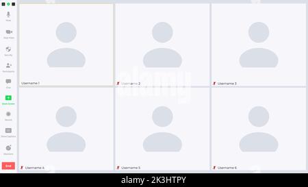 Set di videochiamate in conferenza, videochiamate a un amico, studio online, riunioni aziendali. Illustrazione a colori con vettore piatto. Illustrazione Vettoriale