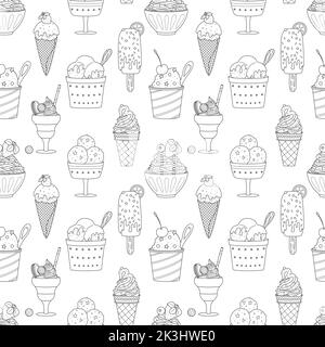 Motivo senza cuciture con diversi contorni di gelato, papsiclo, cono waffle, ciotola con cibo montato. Dessert estivi dolci a base di doodle. Disegnato a mano nero e w Illustrazione Vettoriale