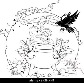 Trucco o trattare la pagina da colorare. Pagina da colorare di Halloween per i bambini. Cartoon bambini in costumi di Halloween. Illustrazione vettoriale Illustrazione Vettoriale