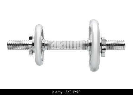 manubro regolabile in acciaio inox, accessorio prefabbricato costituito da un'asta filettata e peso diverso carico irregolare isolato sul retro bianco Foto Stock