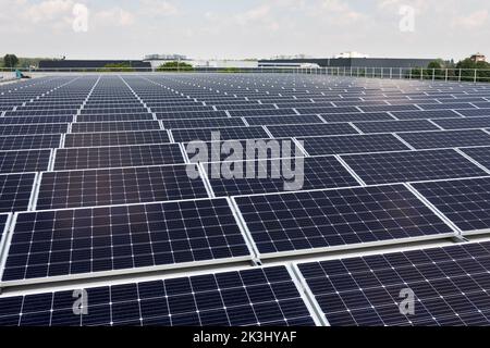 Pannelli fotovoltaici solari su un tetto industriale nei Paesi Bassi Foto Stock