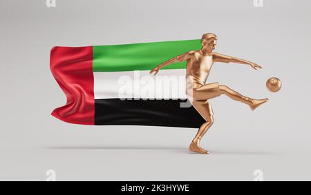 Giocatore di calcio d'oro che calcia una palla con la bandiera degli emirati arabi uniti. Rendering 3D Foto Stock