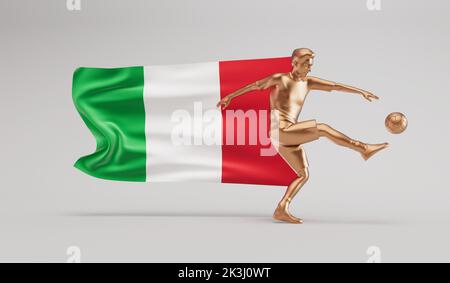 Giocatore di calcio d'oro che calcia una palla con l'italia che sventola la bandiera. Rendering 3D Foto Stock