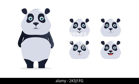 Carino Panda, Panda animale caratteri set vettore. I panda portano un personaggio con un'espressione simpatica Illustrazione Vettoriale