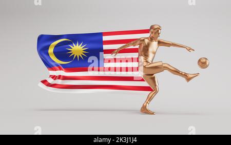 Giocatore di calcio d'oro che calcia una palla con la bandiera malese sventolante. Rendering 3D Foto Stock