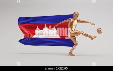 Giocatore di calcio d'oro che calcia una palla con la bandiera della colombia. Rendering 3D Foto Stock