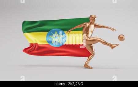Giocatore di calcio d'oro che calcia una palla con l'etiopia che sventola la bandiera. Rendering 3D Foto Stock