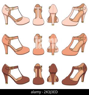 Set di illustrazioni a colori con scarpe femmina con chiusura sul tallone. Oggetti vettoriali isolati su sfondo bianco. Illustrazione Vettoriale